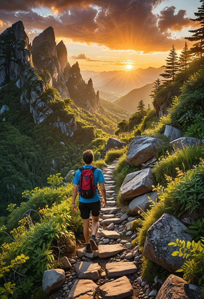 A vibrant scene illustrating a spirited young person hiking on a rocky path, symbolizing the ups and downs of life at 18. They should be surrounded by lush greenery and bold mountains in the background, representing adventure and growth. A warm sunset casts an inviting glow, highlighting the journey ahead. Capture the essence of resilience and exploration. super-realistic. vibrant colors. nature backdrop.