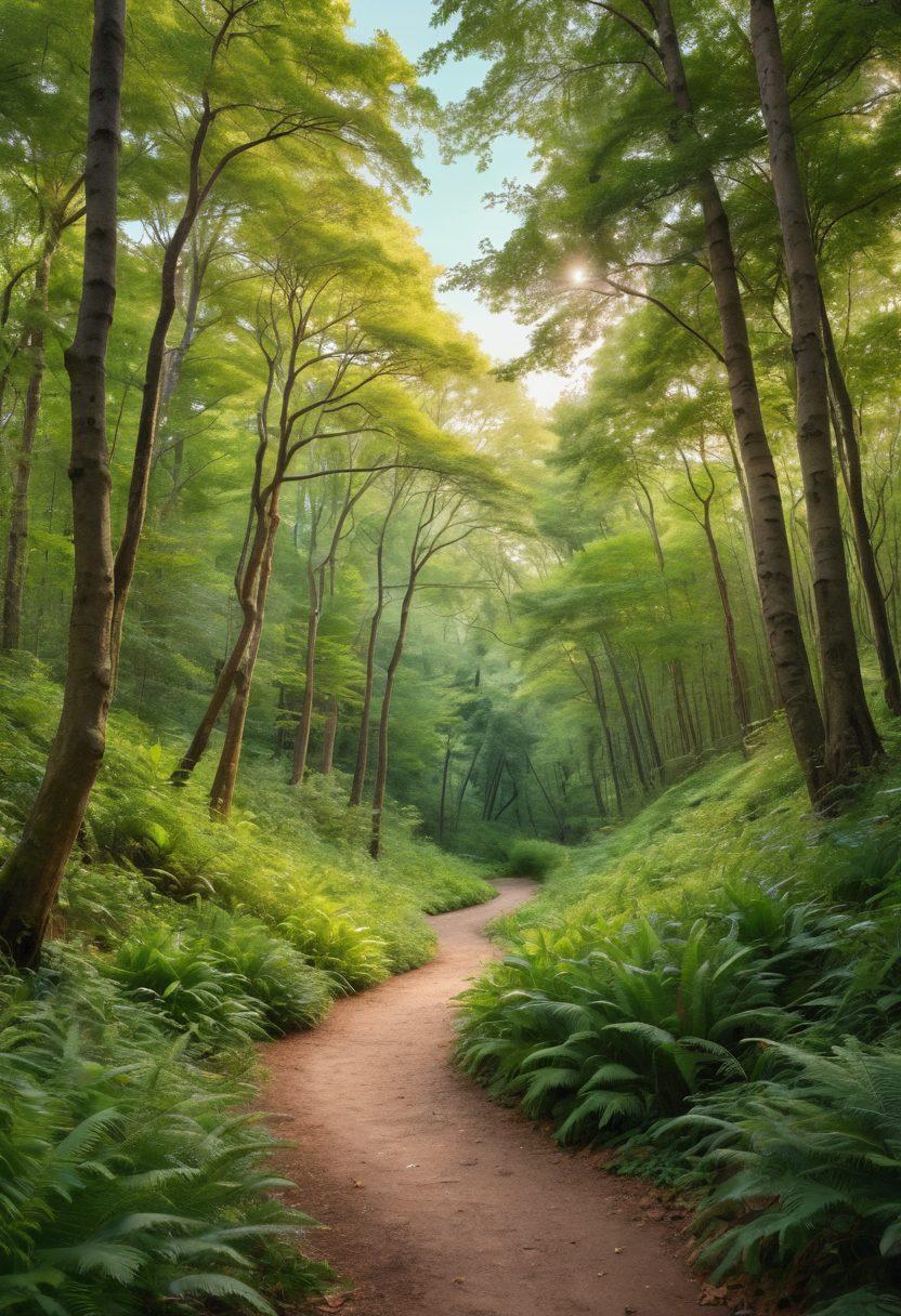 A winding path through a lush forest, symbolizing the journey of adolescence; diverse young adults walking confidently, each unique in style and expression, depicting grit and determination; vibrant colors of nature contrasting with a dreamy sky; hints of urban elements in the background representing millennial aspirations. vibrant colors. super-realistic.