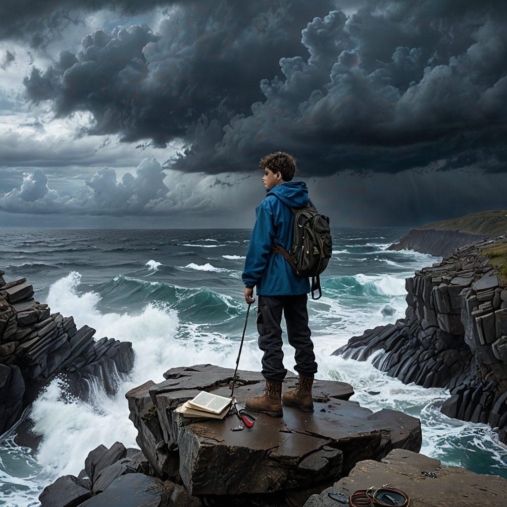 A young person standing on a rocky cliff, gazing at a stormy ocean, symbolizing the challenges of youth. The sky is filled with dramatic clouds, while the figure represents resilience and determination, dressed in rugged attire. In the foreground, scattered items representing life lessons like books, tools, and a compass. The overall atmosphere is intense yet hopeful, with a palette of deep blues and grays. super-realistic. vibrant colors. dramatic lighting.